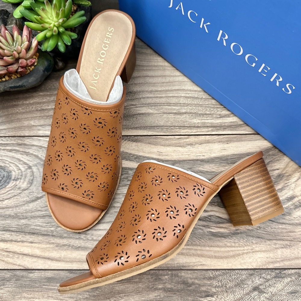 NIB Jack Rogers Ronnie Mule Block Heel Slide Sandal Mocha Leather